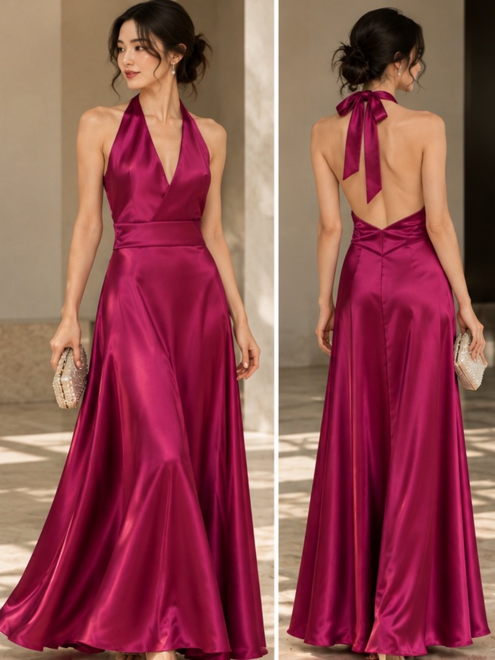 Maje Magenta 95%Silk Halter Maxi Dress size 1